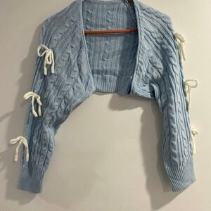 Cider Baby Blue Cable Knit Cropped Cardigan Sweater Bow Tie Sleeve Detail Size S